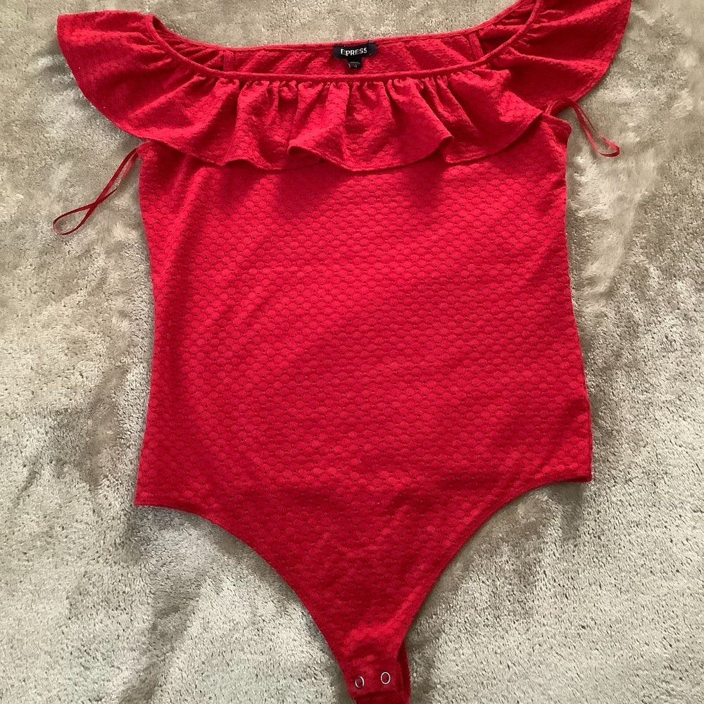 Express off the shoulder ruffle eyelet bodysuit